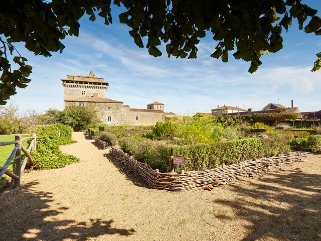 vue du jardin médiéval avec ses fascines en châtaignier et en arrière plan le donjon de Bazoges en Pareds