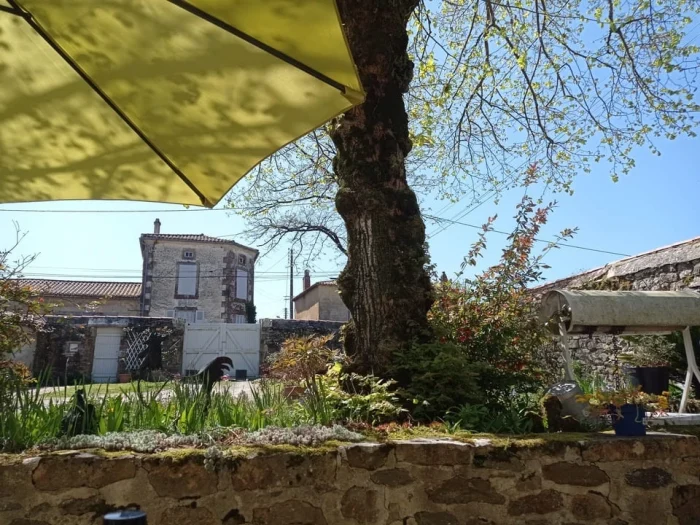 vue de la terrasse devant le logis avec parasol et ombre du tilleul